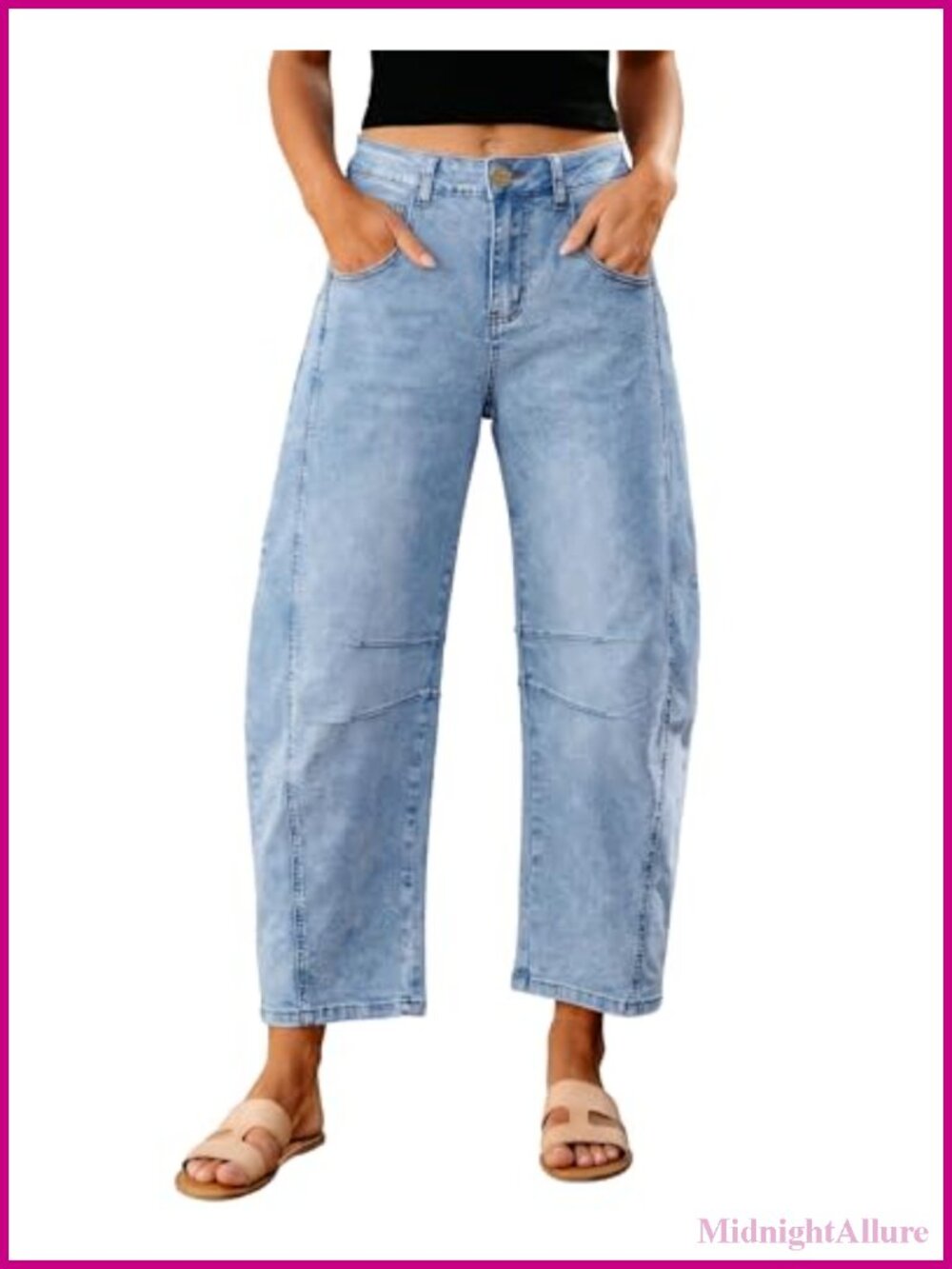 High Waist Barrel Jeans Cropped Stretch Denim Pants Wide Leg